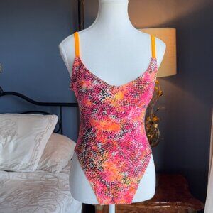 90s Vintage Neon Pink And Orange One Piece Swimsuit and Beach Shorts